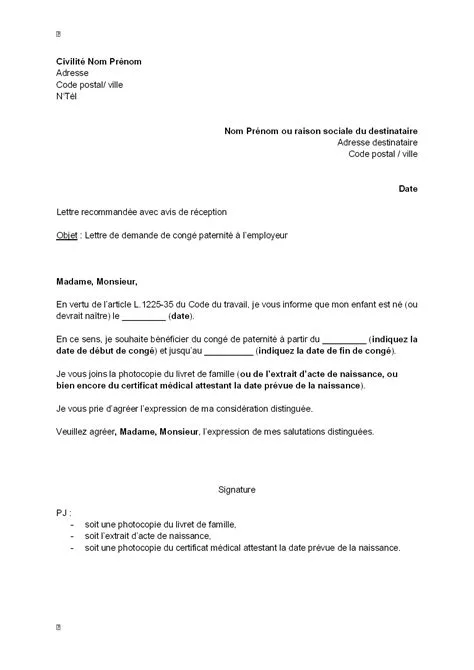 comment ecrire une lettre de congé paternité